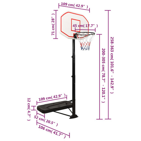 Basketbalstandaard 258-363 cm polyetheen wit 10