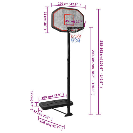 Basketbalstandaard 258-363 cm polyetheen 10