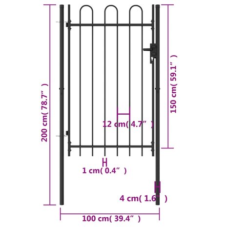 Poort met gebogen bovenkant enkel 1x1,5 m staal zwart 5