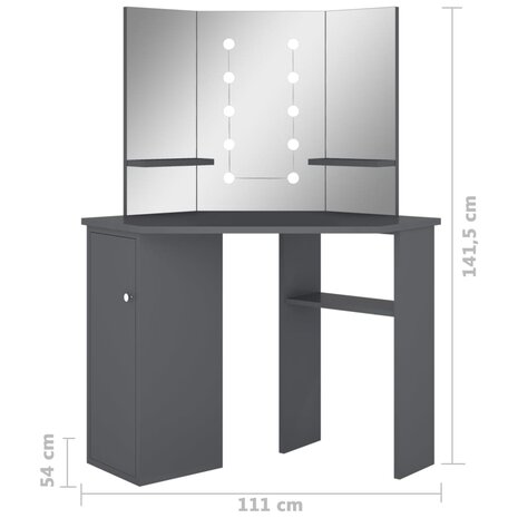 Hoekkaptafel met LED 111x54x141,5 cm grijs 12