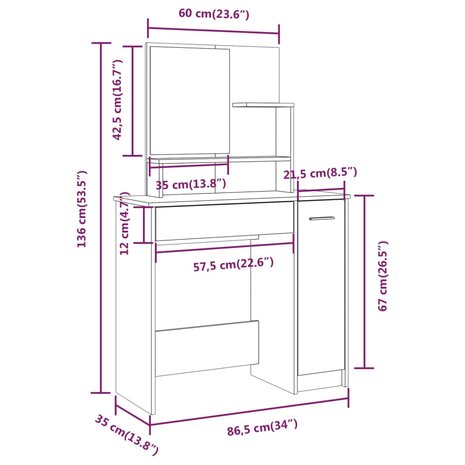 Kaptafel met spiegel 86,5x35x136 cm gerookt eikenkleurig 9