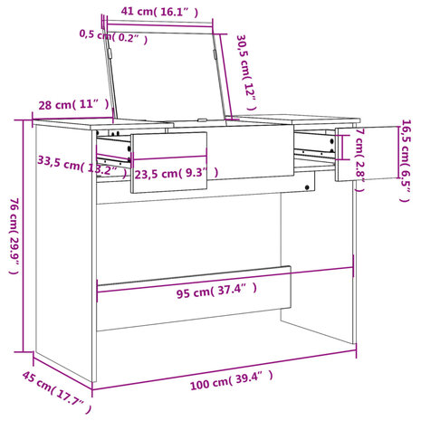 Kaptafel met spiegel 100x45x76 cm grijs sonoma eikenkleurig 10