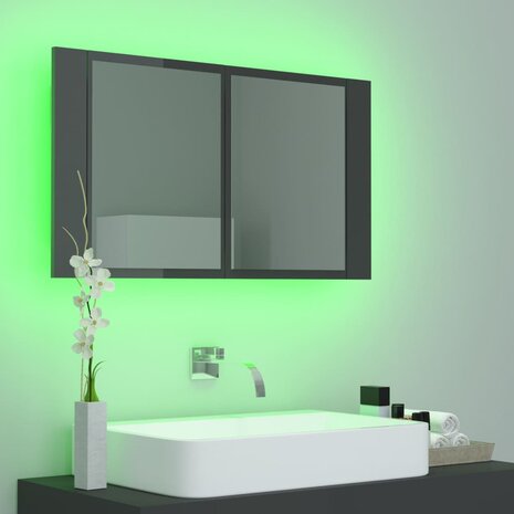 Badkamerkast met spiegel en LED 80x12x45 acryl hoogglans grijs 5