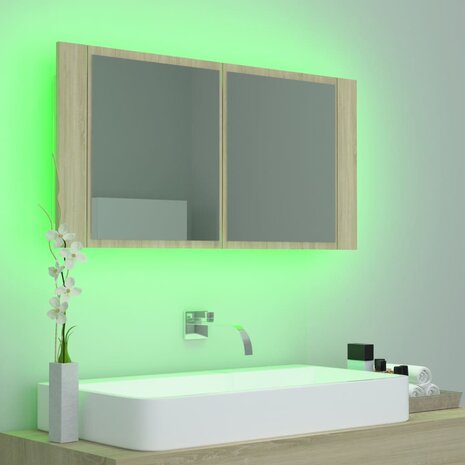 Badkamerkast met spiegel LED 90x12x45 acryl sonoma eikenkleurig 5