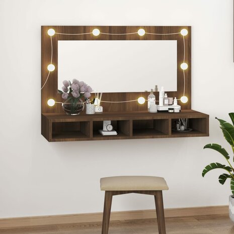 Spiegelkast met LED-verlichting 90x31,5x62 cm bruin eikenkleur 1