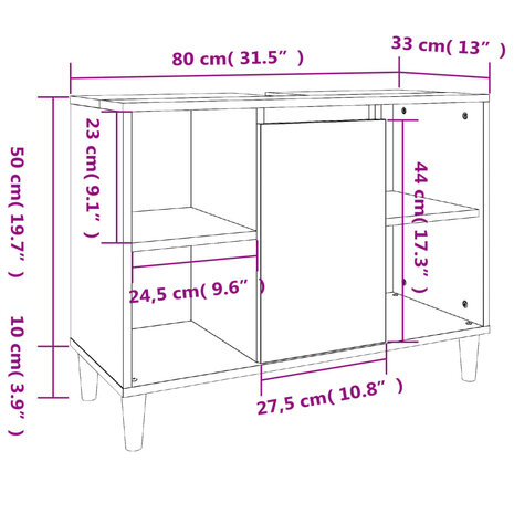 Wastafelkast 80x33x60 cm bewerkt hout grijs sonoma eikenkleurig 11