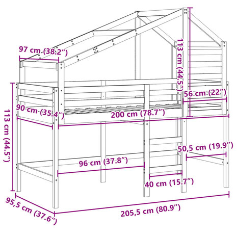 Hoogslaper met dak massief grenenhout wasbruin 90x200 cm 12