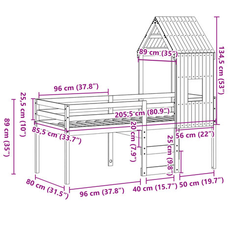 Hoogslaper met bedhuis massief grenenhout 80x200 cm 12