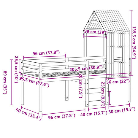 Hoogslaper met dak massief grenenhout wit 90x200 cm 12