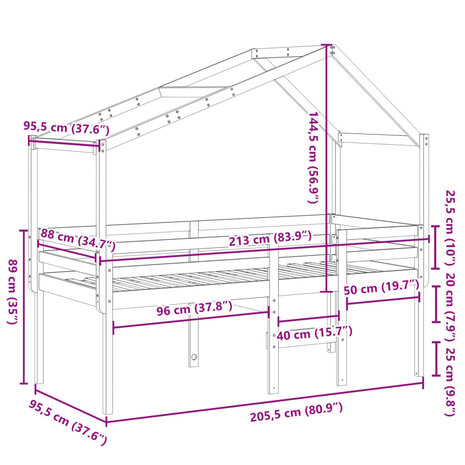 Hoogslaper met dak massief grenenhout wit 90x200 cm 12