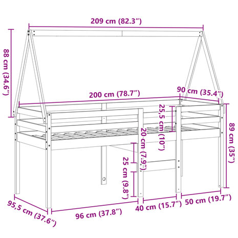 Hoogslaper met dak massief grenenhout wit 80x200 cm 12