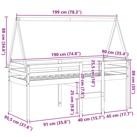 Hoogslaper met dak massief grenenhout wit 90x190 cm 12