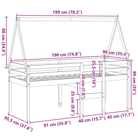 Hoogslaper met dak massief grenenhout wasbruin 90x190 cm 12