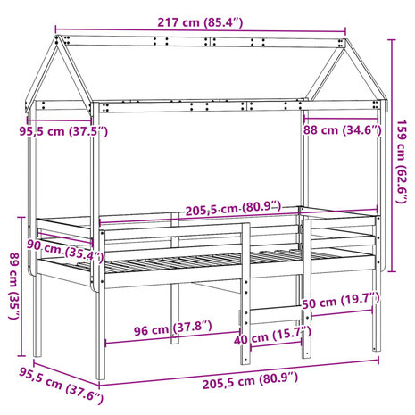 Hoogslaper met dak massief grenenhout 90x200 cm 12