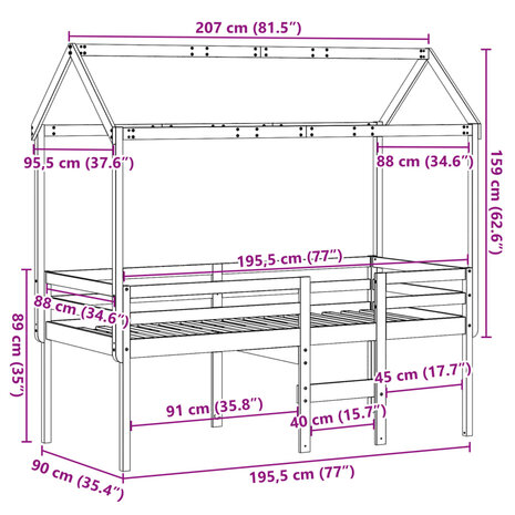 Hoogslaper met dak massief grenenhout wasbruin 90x190 cm 12