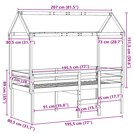 Hoogslaper met dak massief grenenhout wasbruin 75x190 cm 12