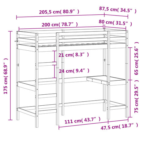 Hoogslaper met bureau massief grenenhout 80x200 cm 10