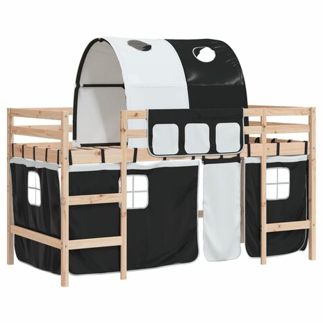 Kinderhoogslaper met tunnel 80x200 cm grenenhout wit en zwart 2