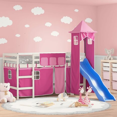 Kinderhoogslaper met toren 90x200 cm massief grenenhout roze 1