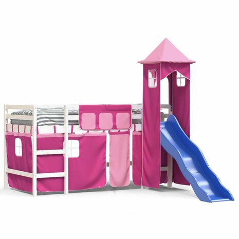 Kinderhoogslaper met toren 90x200 cm massief grenenhout roze 2