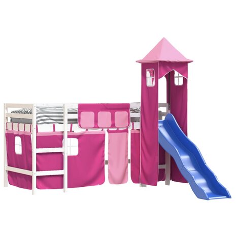 Kinderhoogslaper met toren 90x200 cm massief grenenhout roze 3