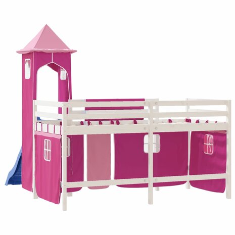 Kinderhoogslaper met toren 90x200 cm massief grenenhout roze 7