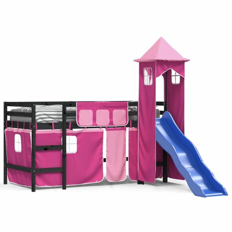 Kinderhoogslaper met toren 90x200 cm massief grenenhout roze 2