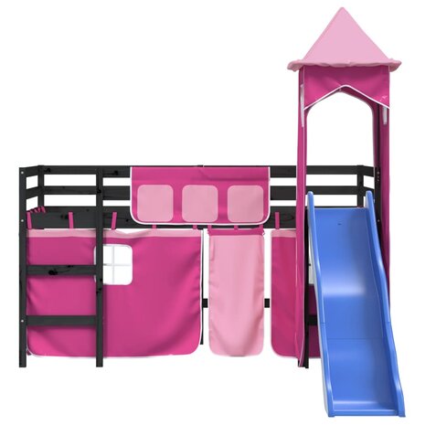 Kinderhoogslaper met toren 90x200 cm massief grenenhout roze 5