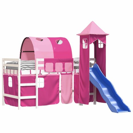 Kinderhoogslaper met toren 80x200 cm massief grenenhout roze 3