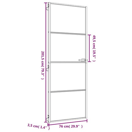 Binnendeur smal 76x201,5 cm gehard glas en aluminium goudkleur 9