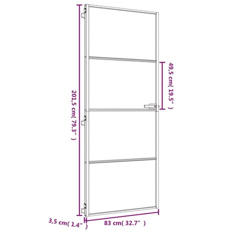 Binnendeur smal 83x201,5 cm gehard glas en aluminium goudkleur 9