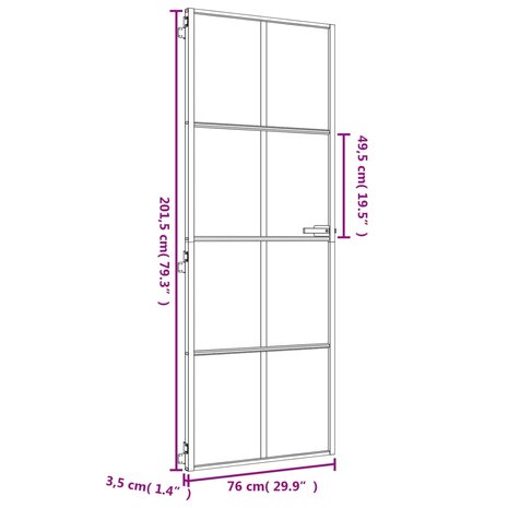 Binnendeur smal 76x201,5 cm gehard glas en aluminium goudkleur 9