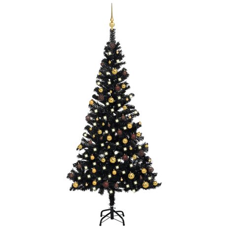 Kunstkerstboom met verlichting en kerstballen 150 cm PVC zwart 1