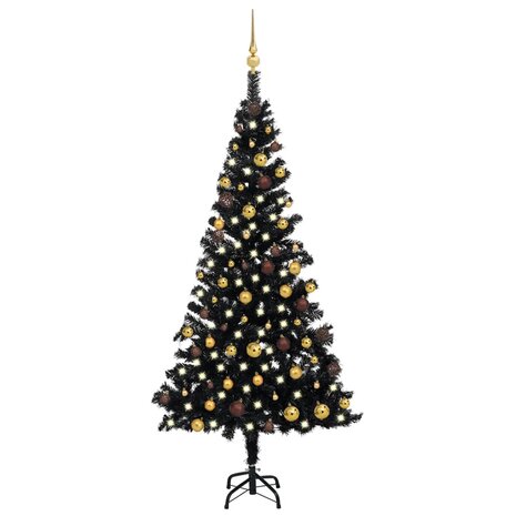 Kunstkerstboom met verlichting en kerstballen 180 cm PVC zwart 1