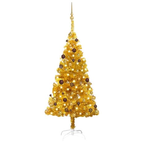 Kunstkerstboom met verlichting en kerstballen 150 cm PET goud 1