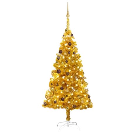 Kunstkerstboom met verlichting en kerstballen 180 cm PET goud 1