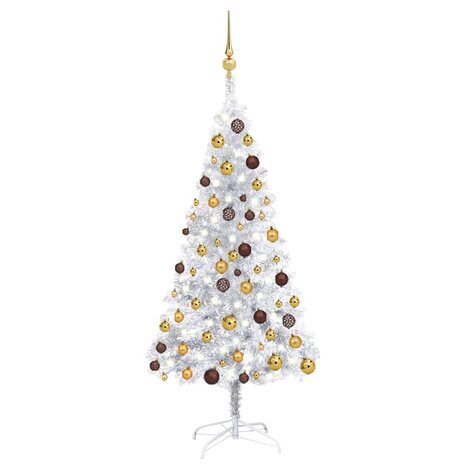 Kunstkerstboom met verlichting en kerstballen 150 cm PET zilver 1