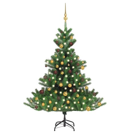 Kunstkerstboom Nordmann met LED&apos;s en kerstballen 120 cm groen 1