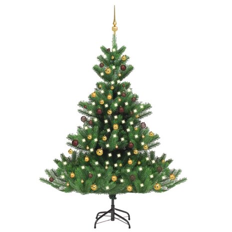 Kunstkerstboom Nordmann met LED&apos;s en kerstballen 180 cm groen 1