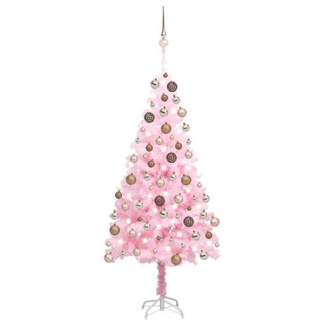 Kunstkerstboom met verlichting en kerstballen 150 cm PVC roze 1