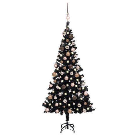 Kunstkerstboom met verlichting en kerstballen 180 cm PVC zwart 1