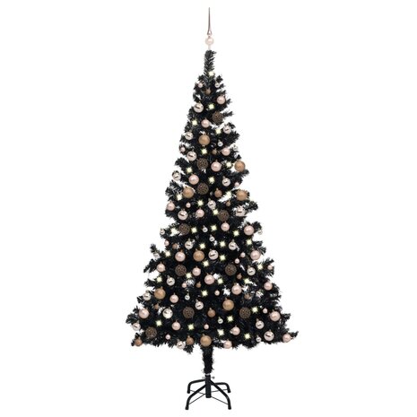 Kunstkerstboom met verlichting en kerstballen 210 cm PVC zwart 1