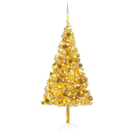 Kunstkerstboom met verlichting en kerstballen 240 cm PET goud 1