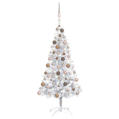 Kunstkerstboom met verlichting en kerstballen 150 cm PET zilver 1