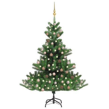 Kunstkerstboom Nordmann met LED&apos;s en kerstballen 210 cm groen 1