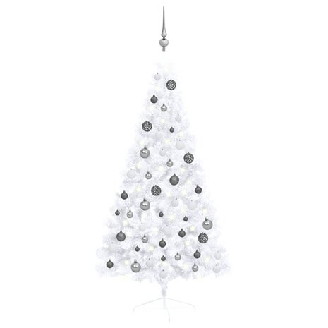 Kunstkerstboom met verlichting en kerstballen half 150 cm wit 1