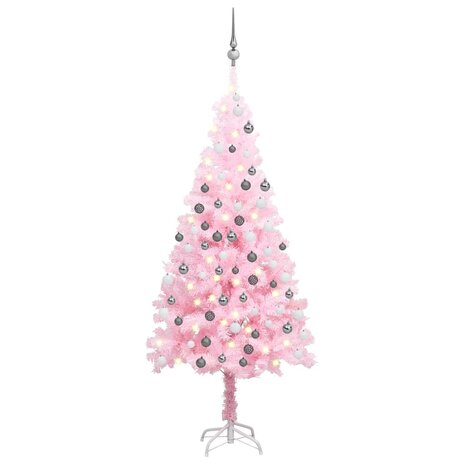 Kunstkerstboom met verlichting en kerstballen 150 cm PVC roze 1