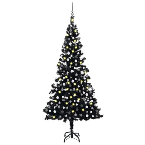 Kunstkerstboom met verlichting en kerstballen 210 cm PVC zwart 1