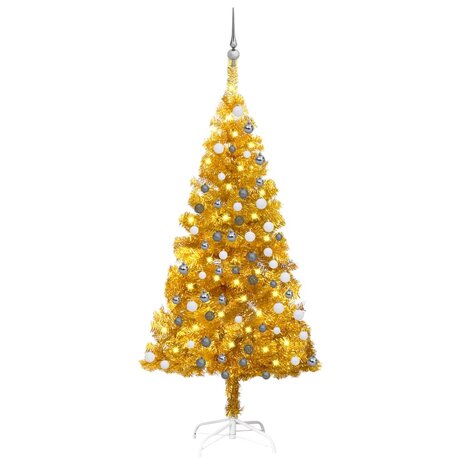 Kunstkerstboom met verlichting en kerstballen 150 cm PET goud 1