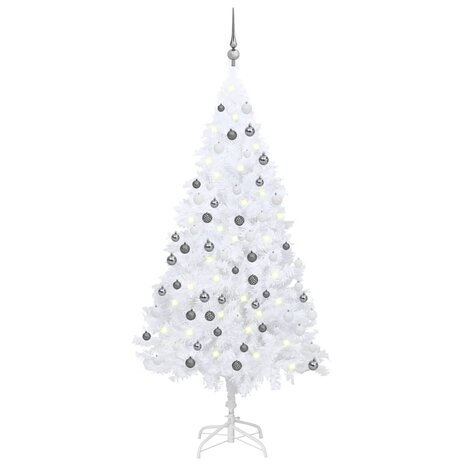 Kunstkerstboom met verlichting en kerstballen 180 cm PVC wit 1